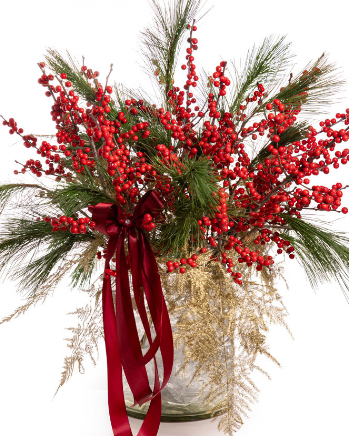 Buchet cu Ilex și Pin în vază de sticlă – imaginea 1