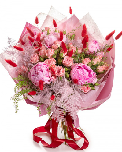 Buchet cu bujori roz, varianta premium