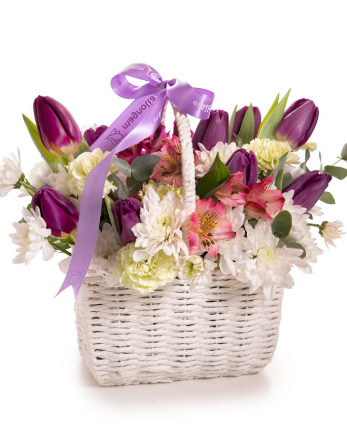 Basket With Tulips, Chrysanthemums and Carnations – imaginea 1