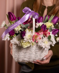 Basket With Tulips, Chrysanthemums and Carnations – imaginea 3