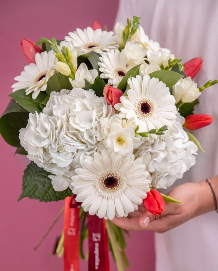 Bouquet of fresias tulips and gerberas – imaginea 3