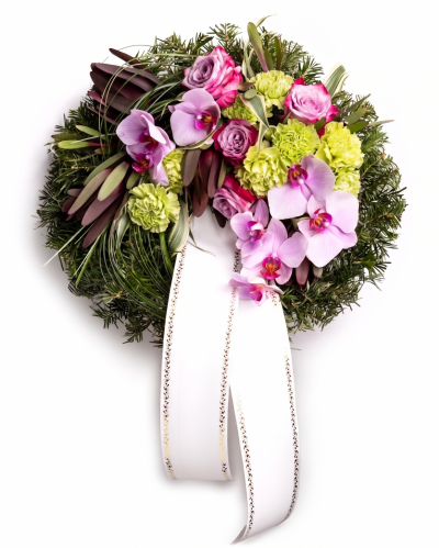 Funeral wreath with roses and orchids