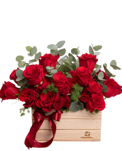 Red rose arrangement in box