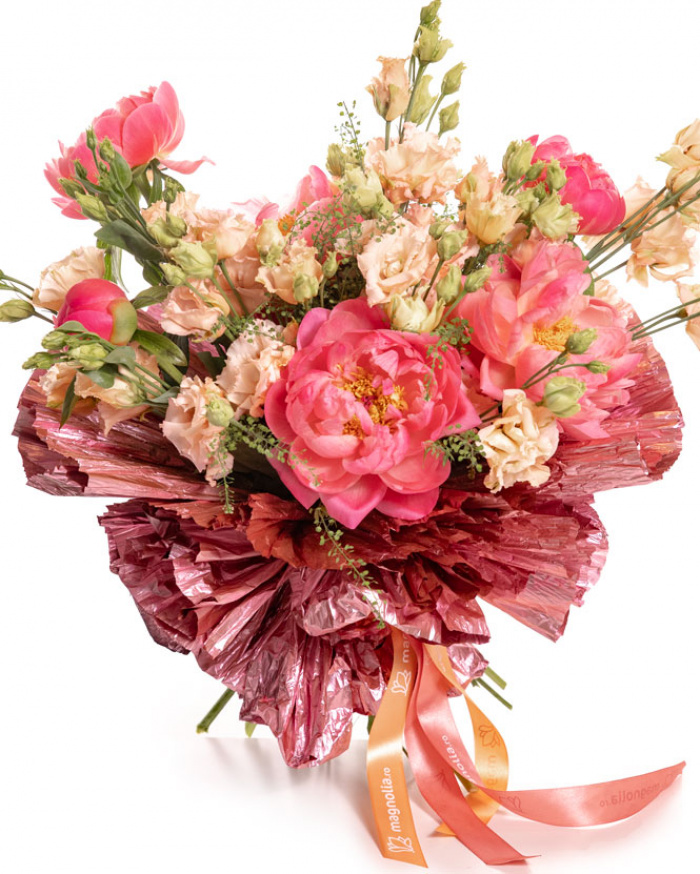 Buchet cu Bujori corai și Eustoma – imaginea 1
