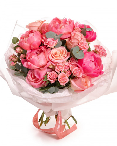 “Heart’s Dream” Coral Peony and Pink Rose Bouquet
