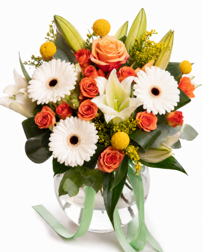 Buchet portocaliu cu gerbera și crini
