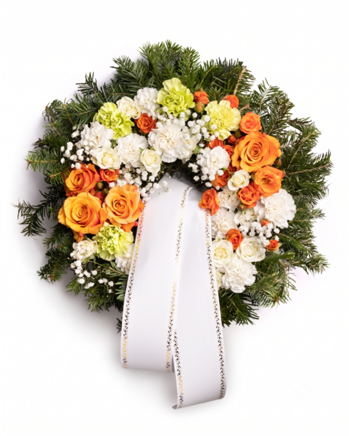 Funeral wreath with orange roses and carnations – imaginea 1