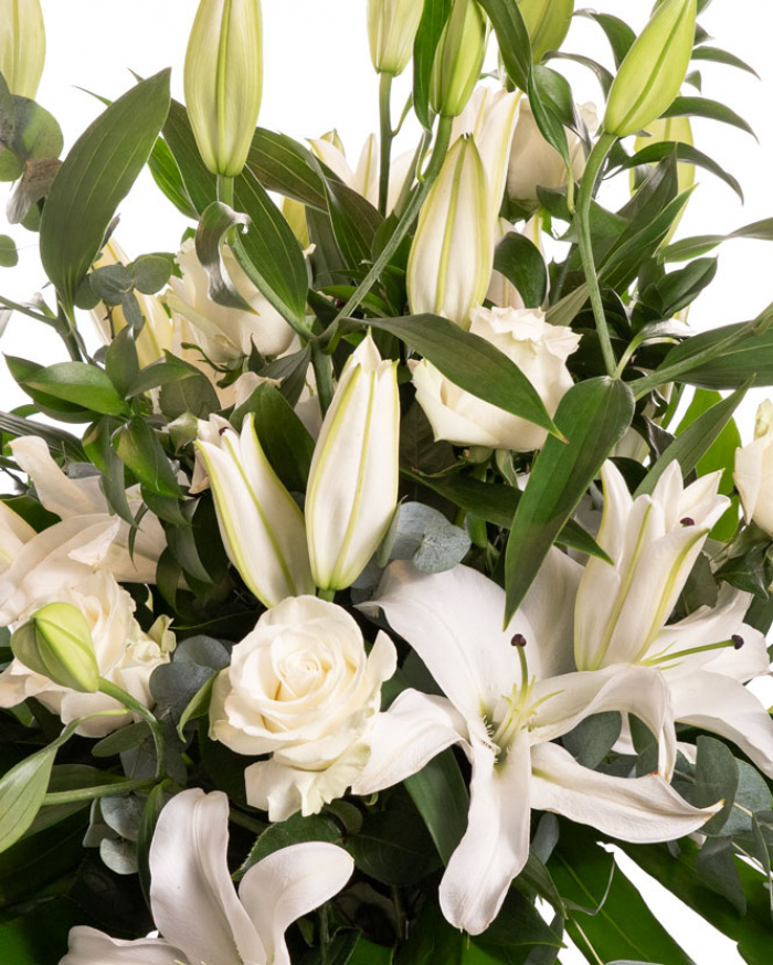 Prim-plan al florilor din buchetul 'Buchet elegant de crini si trandafiri', varianta Premium, evidentiind combinatia armonioasa de 7 crini orientali si 9 trandafiri albi, completate de 5 frunze de monstera, 5 crengute de eucalipt si 7 crengute de ruscus mare si finisate cu o panglica eleganta.