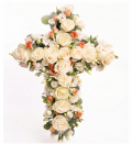 Aranjament funerar în formă de cruce cu trandafiri și eustoma – imaginea 1