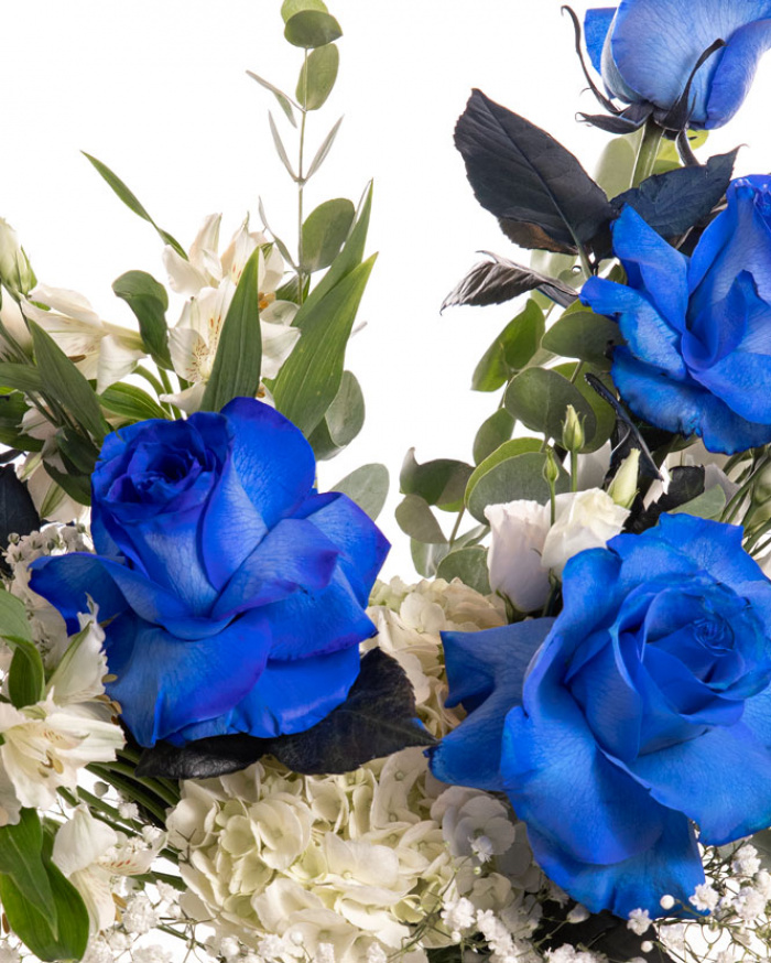 Prim-plan al florilor din buchetul “Buchet cu Trandafiri albaștri „Blue Grace””, varianta Premium, evidențiind combinația armonioasă de 5 Trandafiri albaștri, 1 Hydrangea albă, 1 fir de Eustoma alb și 2 fire de Alstroemeria, completate de 3 fire de Gypshopila și 1 crenguță de Eucalipt, finisate cu 1 panglică Magnolia elegantă.
