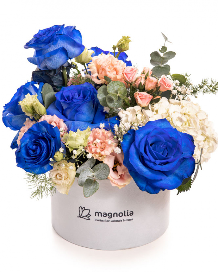Imagine de ansamblu a aranjamentului “Aranjament floral cu Trandafiri albaștri „Blue Dream””, varianta Premium, realizat din 7 Trandafiri albaștri, 1 Hortensie albă, 1 Eustoma somon, 1 Trandafir ramificat și 1 fir de Gypsophila, completate de 2 crenguțe de Asparagus și prezentate într-o cutie albă premium.