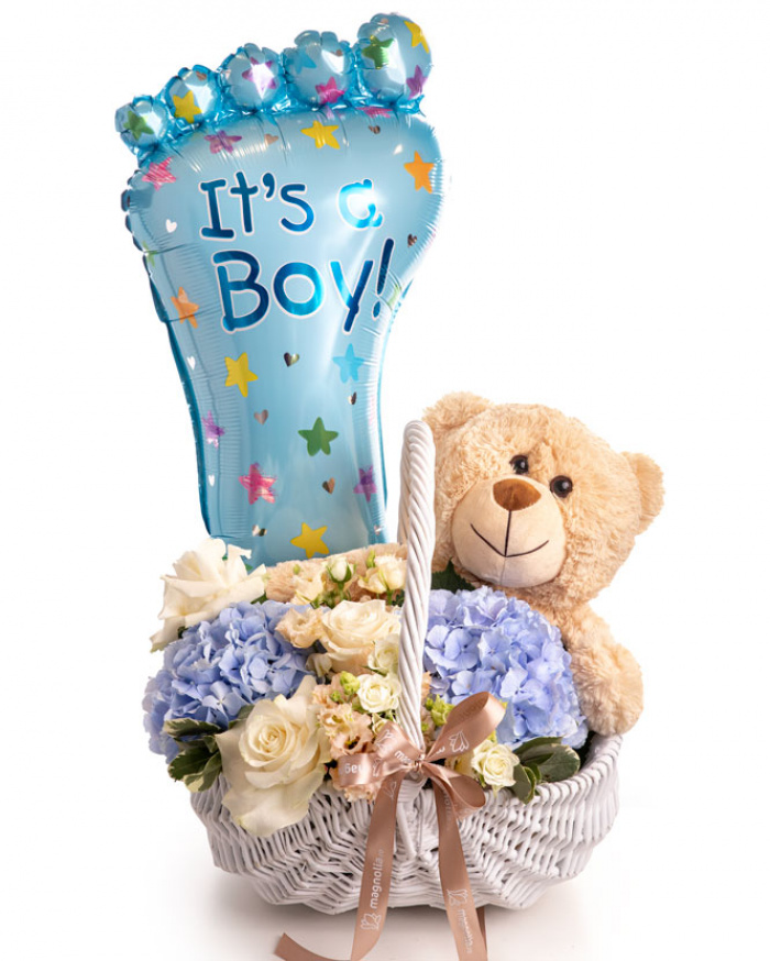 Detaliu Aranjament floral nou-născut „Little Bear” Magnolia Varianta Standard cu livrare la domiciliu în 2-4 ore