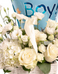Prim-plan al florilor din coșul “Coș cu flori nou-născut „Welcome Baby Boy””, varianta Premium, evidentiind combinatia armonioasa de 2 Hydrangea albe, 5 Trandafiri albi, 3 fire de Eustoma albă, 3 Trandafiri ramificați albi, 1 Limonium mic, completate de 2 fire de Asparagus umbelatus si finisate cu un coș alb, o panglică și un balon festiv elegante.