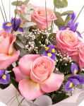 Prim-plan al florilor din buchetul “Buchet trandafiri roz și iriși”, varianta Premium, evidentiind combinatia armonioasa de 6 Trandafiri roz, 7 Iriși, 1 fir de Gypsophila, completate de 3 crenguțe de Eucalipt și 5 fire de Beargrass, finisate cu ambalaj și o panglică Magnolia elegante.