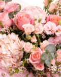 Prim-plan al florilor din buchetul “Buchet luxuriant cu flori roz”, varianta Premium, evidentiind combinatia armonioasa de 2 Hortensii roz, 5 Trandafiri roz, 4 Trandafiri ramificați roz, 4 fire de Chamelaucium roz și 2 fire de Eustoma roz, completate de 3 crenguțe de Eucalipt si finisate cu 2 ambalaje decorative și o panglică Magnolia elegante.