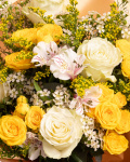 Prim-plan al florilor din buchetul “Buchet trandafiri și alstroemeria”, varianta Premium, evidențiind combinația armonioasă de 5 Trandafiri albi, 4 Trandafiri ramificați galbeni, 1 Alstroemeria, 2 fire de Chamelaucium alb și 3 fire de Solidago, completate de 3 crenguțe de Eucalipt și finisate cu ambalaj decorativ și o panglică Magnolia elegante.