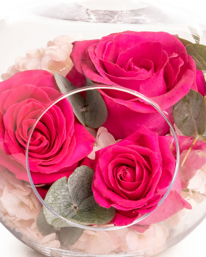 Prim-plan al florilor din aranjamentul “Aranjament cu Trandafiri roz în sas de sticlă”, varianta Standard, evidentiind combinatia armonioasa de 3 Trandafiri Pink Floyd și 1 Hydrangea light pink, completate de Eucalipt si finisate cu un măr de sticlă elegant.
