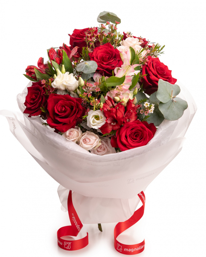Buchet de trandafiri rosii şi alstroemeria – imaginea 1